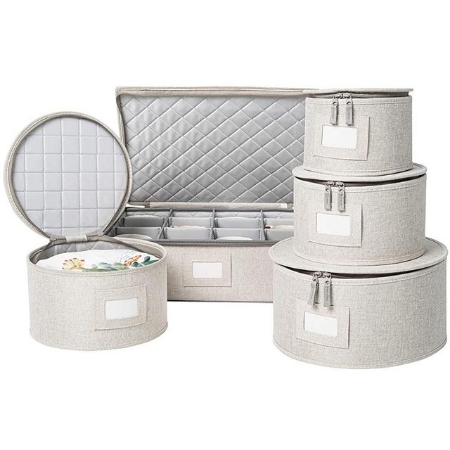 China Storage Set, Hard Shell and Stackable, for Dinnerware Storage and Transport, Protects Dishes Cups and Mugs, Felt Plate Dividers Included (Cream)
