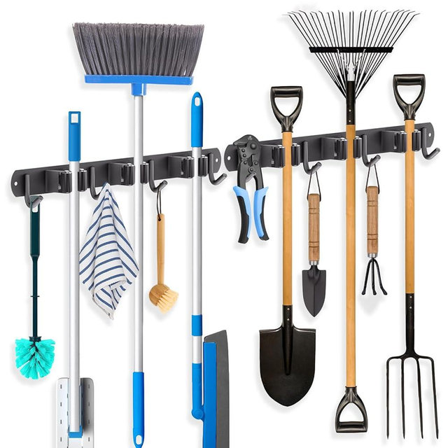 ZONGOOL 2 Pack Mop Broom Holder Wall Mount, Broom Organizer Storage Tool Racks Stainless Steel Self Adhesive Heavy Duty Hooks for Home Kitchen Garden (3 Racks with 4 Hooks, Black)