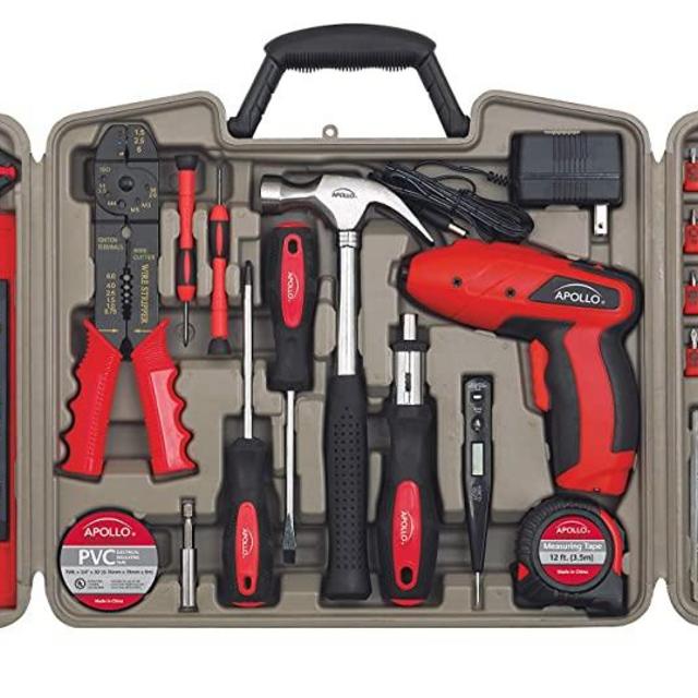 Apollo Tools DT0738 161 Piece Complete Household Tool Kit with 4.8 Volt Cordless Screwdriver and Most Useful Hand Tools and DIY accessories