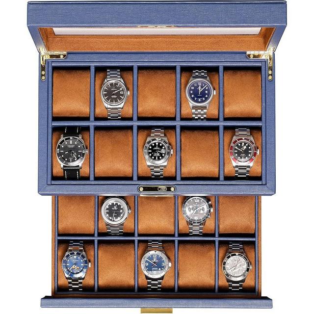ROTHWELL 20 Slot Leather Watch box - Luxury Case Display Jewelry Organizer, - Locking Display Case Holder with Large Real Glass Top - Watch Box Organizer for Men and Women (Blue/Tan)