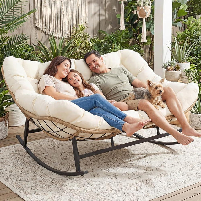 RADIATA Double Egg Rocking Chair for 2, Oversized Rattan Recliner Loveseat with Padded Cushion, 700 Lbs Heavy Duty Comfy Large Papasan Rocker for Reading Outdoor Patio Balcony Backyard Indoor, Beige
