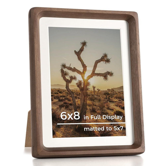 RICHFOCUS 6x8 Picture Frame USA-Sourced Natural Walnut Solid Wood Photo Frame Handcrafted Rounded Corner Wooden Frame with Real Glass Display Photos 5x7 with Mat or 6x8 Without Mat