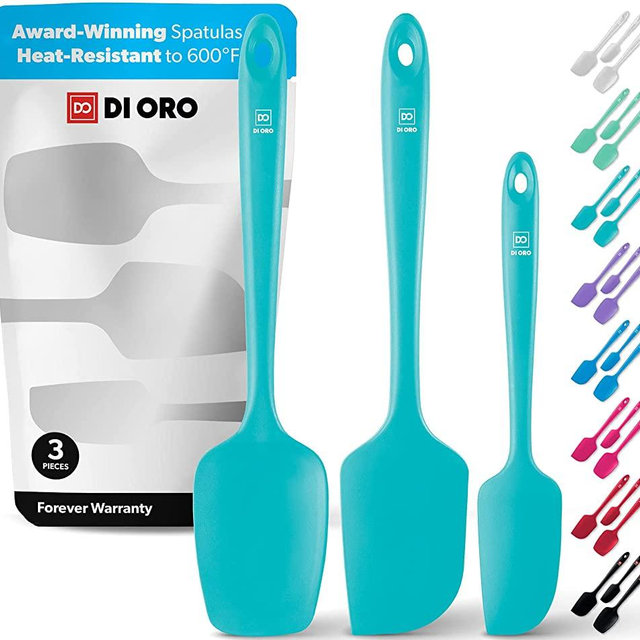 DI ORO Seamless Series 3 Piece Silicone Spatula Set - 600°F Heat Resistant Non Stick Rubber Kitchen Scraper Spatulas for Cooking, Baking, and Mixing – BPA Free and LFGB Certified Silicone (Teal)