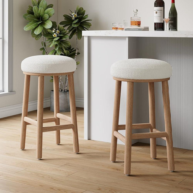 Christopher Knight Home Aubrie Counter Height Bar Stools Set of 2, Boucle Fabric Round Bar Stool for Kitchen Island, Wooden Backless Dining Room Chair, Counter Stool with Footrest, Natural+Milky White