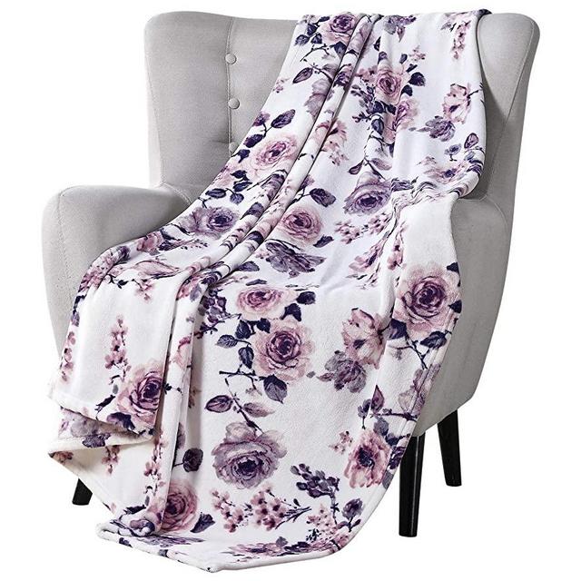 Decorative Throw Blankets: Soft Plush Lively Rose Floral Accent for Couch or Bed, Colored: Blush Pink Purple Navy Blue Grey White