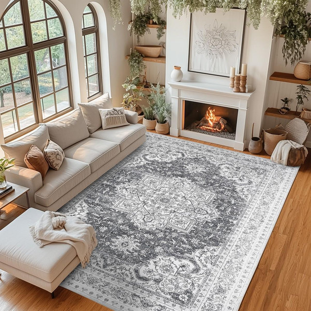 9'x12' Washable Area Rug, Non-Slip Floral Carpet, Retro Floor Mat for Kitchen, Bathroom, Living Room, Bedroom, Entryway & Hallways: Vintage Gray Ash