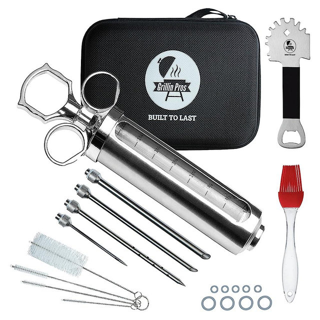 Grillin Pros Advanced Meat Injector Kit for Smoking & Grilling, Stainless Steel Large 2 Oz Syringe + Measuring Window for Cooking BBQ, Brisket, Turkey - Inject Marinade or Seasoning for Tender Flavor
