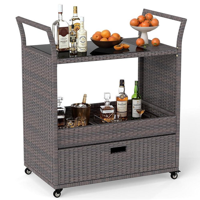 Tangkula Outdoor Rolling Wicker Bar Cart, Bar Counter Table with Tempered Glass Top, Open Storage Shelf & Large Drawer, Rattan Trolley Serving Cart for Patio, Parch, Backyard, Garden, Poolside