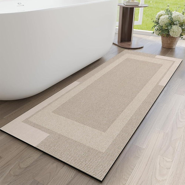 YDKGL Non Slip Long Bathroom Runner Rug Bath Mat, Rubber Backing Ultra Thin Bathroom Rugs Fit Under Door Quick Dry Super Absorbent Washable Shower Mat for Bathtub Sink Floor, Beige 17"x59"
