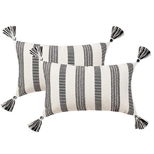 blue page Pack of 2 Cotton Woven Decorative Lumbar Throw Pillow Covers Set, Cute Rectangle Pillow Cases with Tassels, Simple Design Cushion Cover 12x20 Inches (Black Off White)