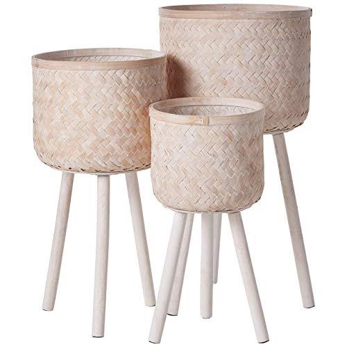Bloomingville Set of 3 Round Bamboo Floor Baskets with Wood Legs, Brown