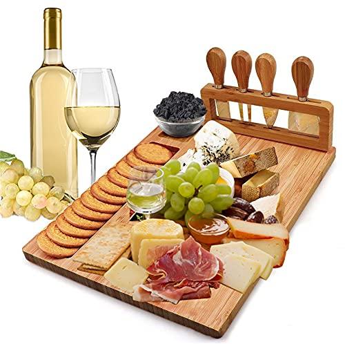 ROYAL HOUSE Unique Bamboo Cheese Board and Knife Set Serving Tray for Crackers, Meat, and Wine- Wood Charcuterie Platter with Slide-Out Cutlery Drawer, Perfect Wedding and Housewarming Gift.