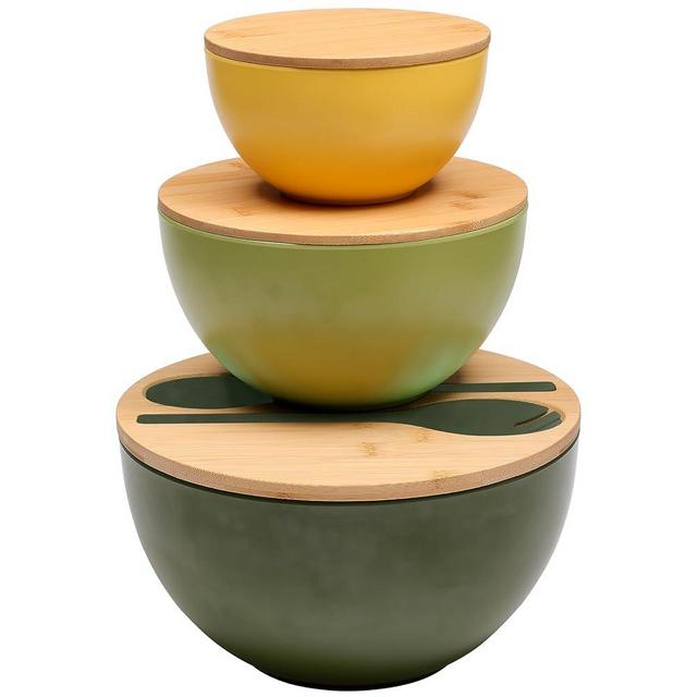 ECOWAY Salad Bowls Set of 3 with Lid & Serving Utensils, Colorful Serving Bowls, Bamboo Fiber Salad Bowls with Bamboo Lid, Kitchen Bowls for Salad, Kitchen Eating, Pasta, Popcorn, Fruit (3 Colors)