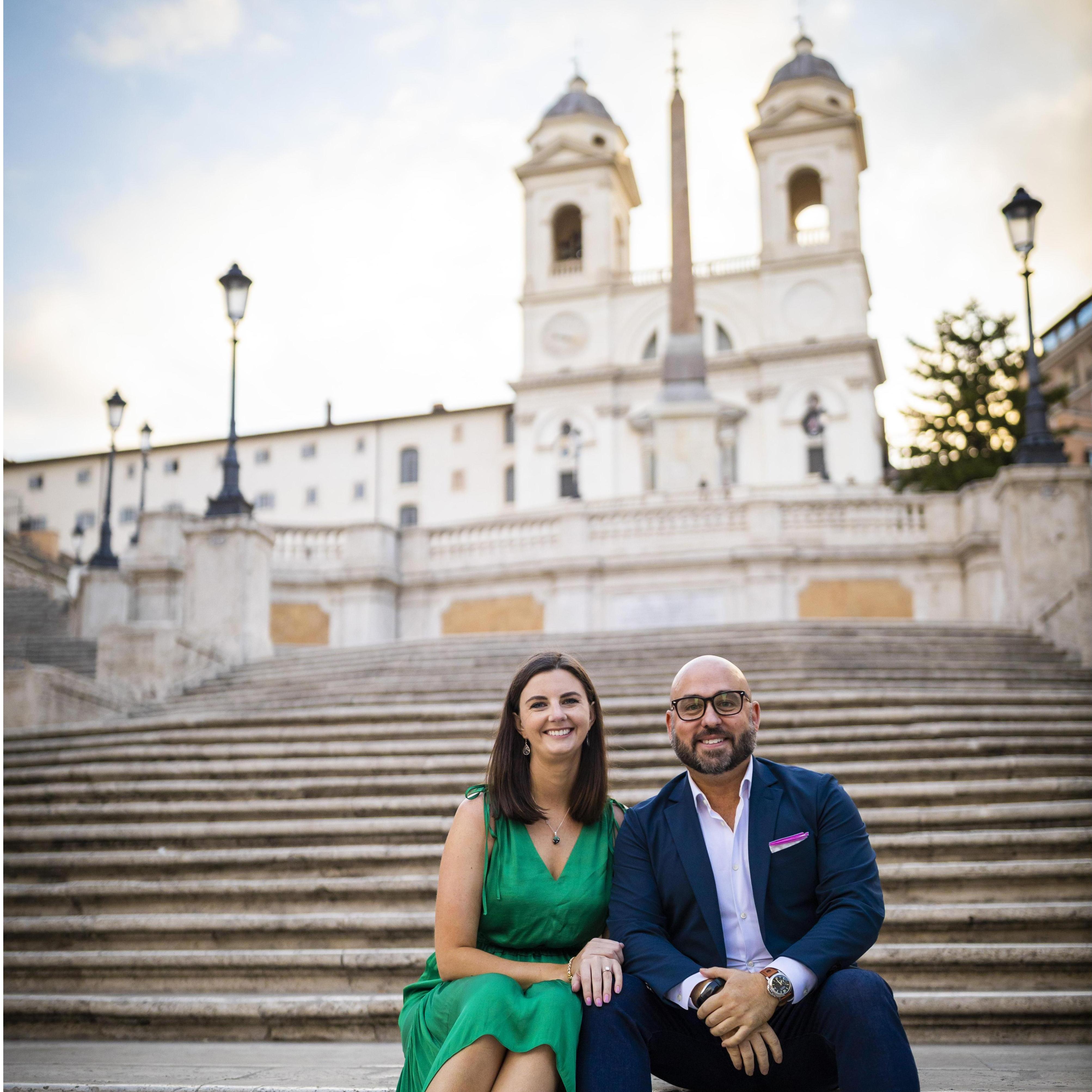 Sitting on the Spanish Steps after the proposal. Pro tip: the only time you will get a photo here without people is early in the morning. Also, it is apparently, illegal to sit on the Spanish Steps.