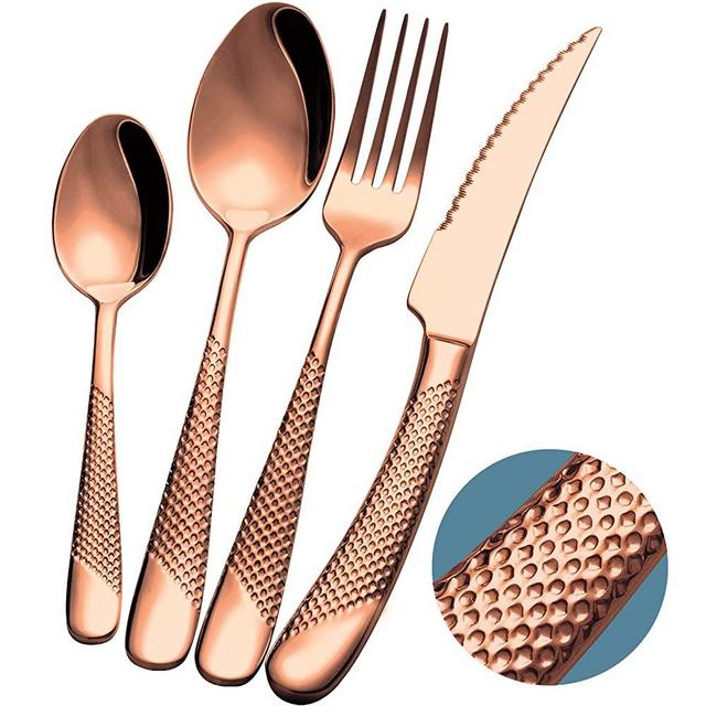 Xideman 16-Piece ​Modern Copper Hammered Silverware Set with Ultra Sharp 2-IN-1 Serrated Knive, Rose Gold 18/10 Stainless Steel Flatware Set, Utensil Cutlery Set for 4 Person, Knife Fork Spoon Set