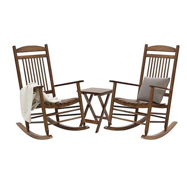 3 pc. Wood Outdoor Rocking Chair Set with Curved Seat and High Backrest. Natural