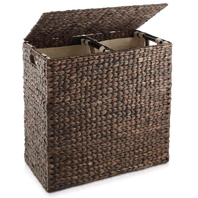 Casafield 2-Section Laundry Hamper with Removable Liner Bags - Espresso, Woven Water Hyacinth Double Laundry Basket Sorter for Clothes and Towels