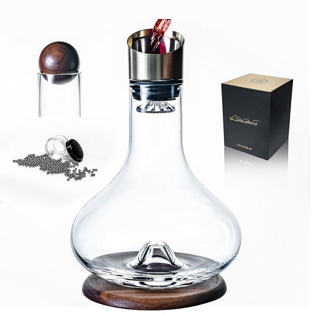 RETROBAR Premium Hand-Blown Crystal Wine Decanter with Built-In Aerator, Double-Layer Filter & Walnut Wood Base – Waterfall Pouring System for 3-Minute Decanting – Lead-Free with Wooden Stopper