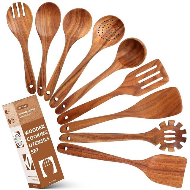 9 Piece Wooden Kitchen Utensils Set, Non-stick Wooden Spoons for Cooking, Natural Teak Utensil Set for Non-stick Pan