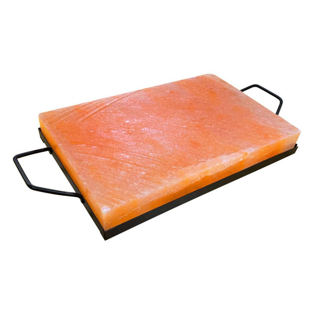 Outset Pink Himalayan Salt Plank with Holder Tray Cooking and Serving Cutting Block