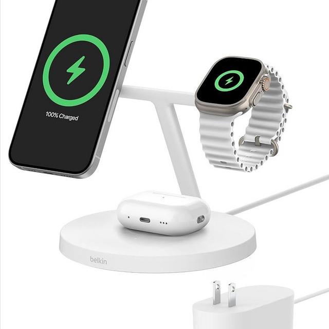Belkin MagSafe-Compatible Charger, 3-in-1 Wireless Charging Station, Qi2-Certified 15W Wireless Charger for Apple iPhone 16 Series, Apple Watch, AirPods w/Non-Slip Base, 40W Charger Included - White