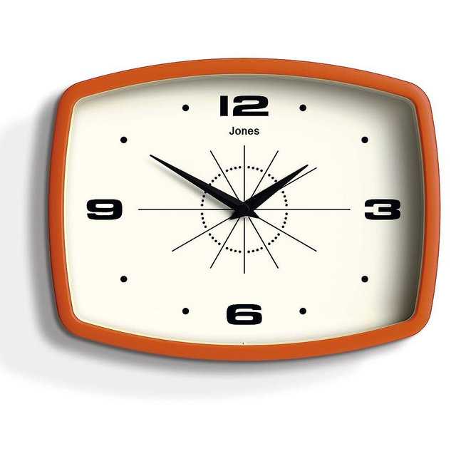 JONES CLOCKS® Movie Retro Wall Clock - Square Clock - Rectangular Clock - Kitchen Clock - Office Clock - Retro Clock - Designer Clock - Colourful Case - Arabic Numerals (Orange)