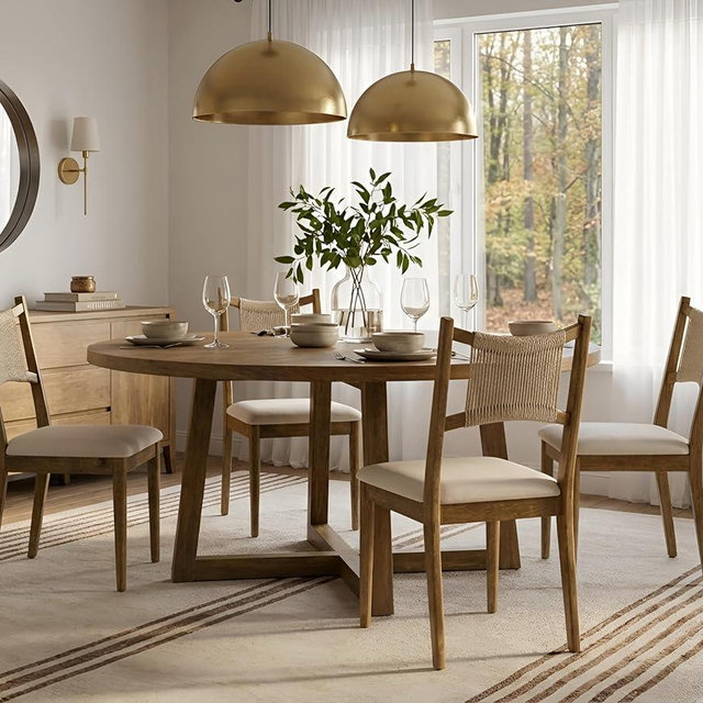 RIVOVA Wooden Dining Chairs Set of 4 Fabric Upholstered Dining Room Chairs Kitchen Side Chair with Woven Seagrass Back Farmhouse Dinner Chair, Beige