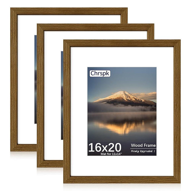 Chrspk 16x20 Poster Frame, Display Pictures 11X14 with Mat or 16x20 Without, Wall Hanging Frames, Rustic Brown, 3 Pack