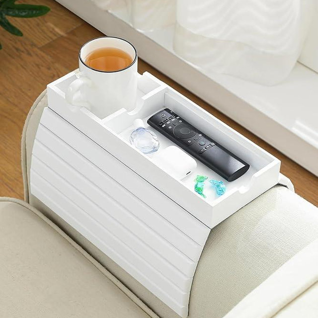 ROCDEER Sofa Arm Tray, Bamboo Large Couch Cup Holder Tray with Hidden Storage, Sofa Armrest Portable Anti-Spill Beverage Snack（White）
