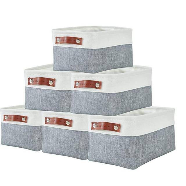 DECOMOMO Foldable Storage Bin Collapsible Sturdy Cationic Fabric Storage Basket Cube W/Handles for Organizing Shelf Nursery Home Closet (Grey and White, Small - 11.8 x 7.9 x 5.9” - 6 Pack)
