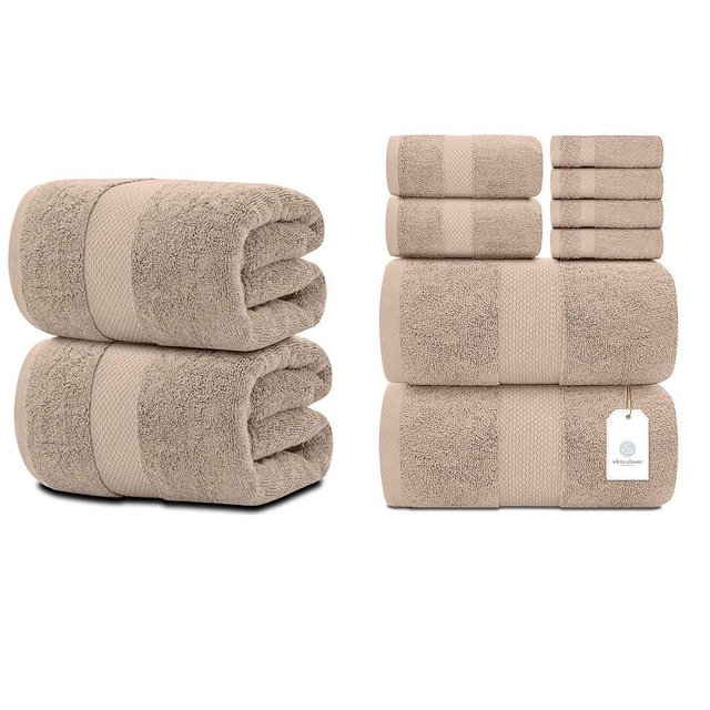 White Classic 2 Luxury Taupe Bath Sheet Towels 35 x 70 and Taupe 8-Piece Towel Set [2 Bath Towels, 2 Hand Towels, 4 Washcloths] | Cotton, Highly Absorbent and Quick Dry for Hotels, Spa and Bathroom