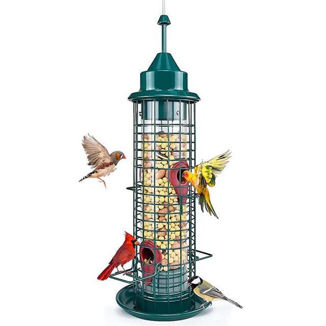 Green Caged Tube Bird Feeder Hanging Premium Squirrel Proof Wild Bird Feeder All Metal Cage Polycarbonate Feed Tube with 4 Feeding Ports for Outdoor Small Bird Wild Shelter