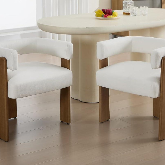 Shunzhi White Barrel Dining Chairs Set of 2 Modern Upholstered Dining Room Chairs with Arms/Open Back Farmhouse Wooden Linen Kitchen Chairs Comfy Accent Side Armchairs for Living Room