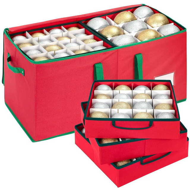 DIMESHY Large Christmas Ornament Storage Box With Adjustable Dividers,Ornament Storage Container with 8 Removable Trays for 128 Holiday Decorations,Red