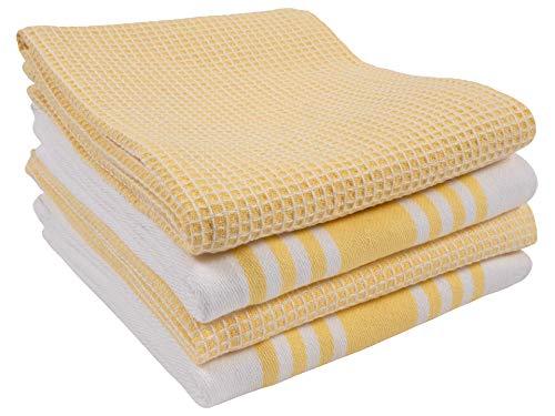 KAF Home Set of 4 Centerband and Waffle Flat Kitchen Towels | 18 x 28 Inch Absorbent, Durable, Soft, and Beautiful Kitchen Towels | Perfect for Messes and Drying Dishes (Yellow)