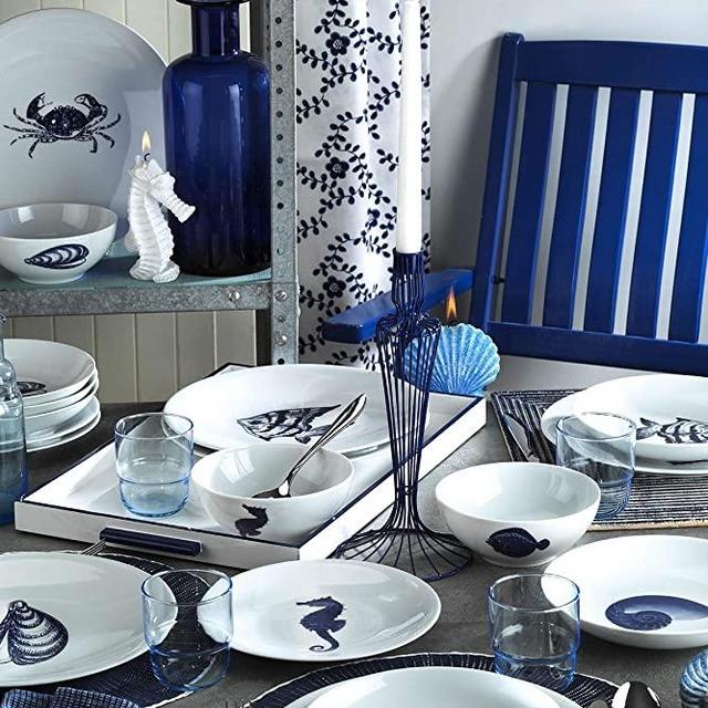 Marine Nautical 24 Pieces Porcelain Dinnerware Set, Made in Turkey, Service for 6, Fish Themed