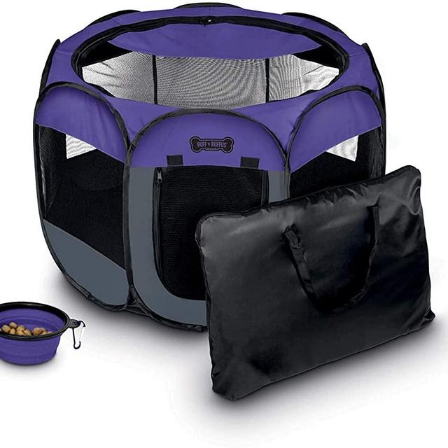 Ruff 'N Ruffus Portable Foldable Pet Playpen + Carrying Case & Collapsible Travel Bowl | Indoor/Outdoor use | Water Resistant | Removable Shade Cover (Extra Large (48" x 48" x 23.5") Free Bonus)
