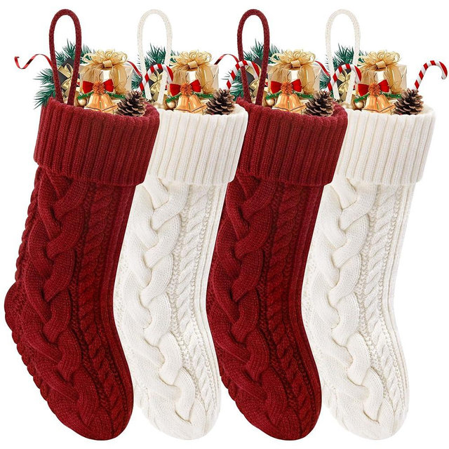 Doitory Christmas Stockings 4 Pack 18 Inches Large Size Knitted Stocking Christmas Decorations for Family Holiday Party Decor (Red White)