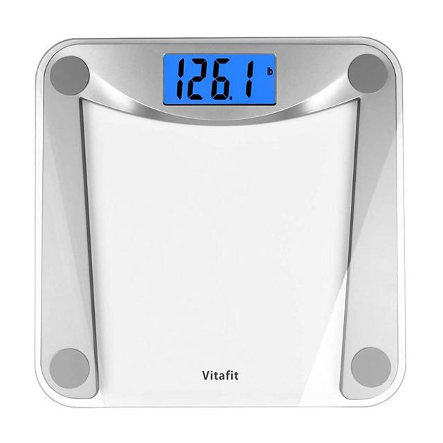 Vitafit Digital Body Weight Bathroom Scale Weighing Scale with Step-On Technology,Extra Large Blue Backlit Display and Batteries Included, 400 Pounds,Clear Glass