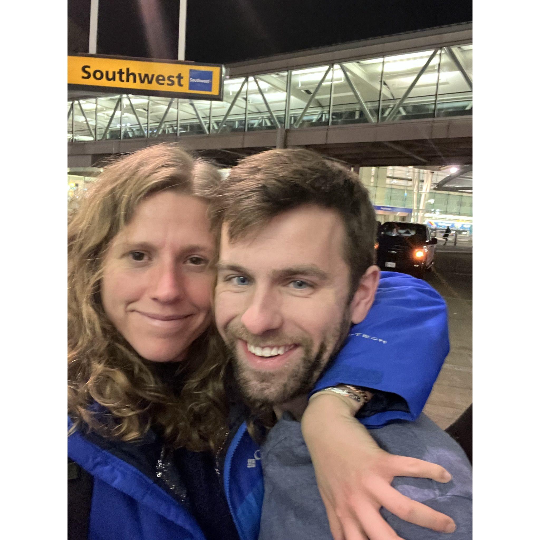 One of our many, many sad goodbyes at the airport during our year of long distance dating