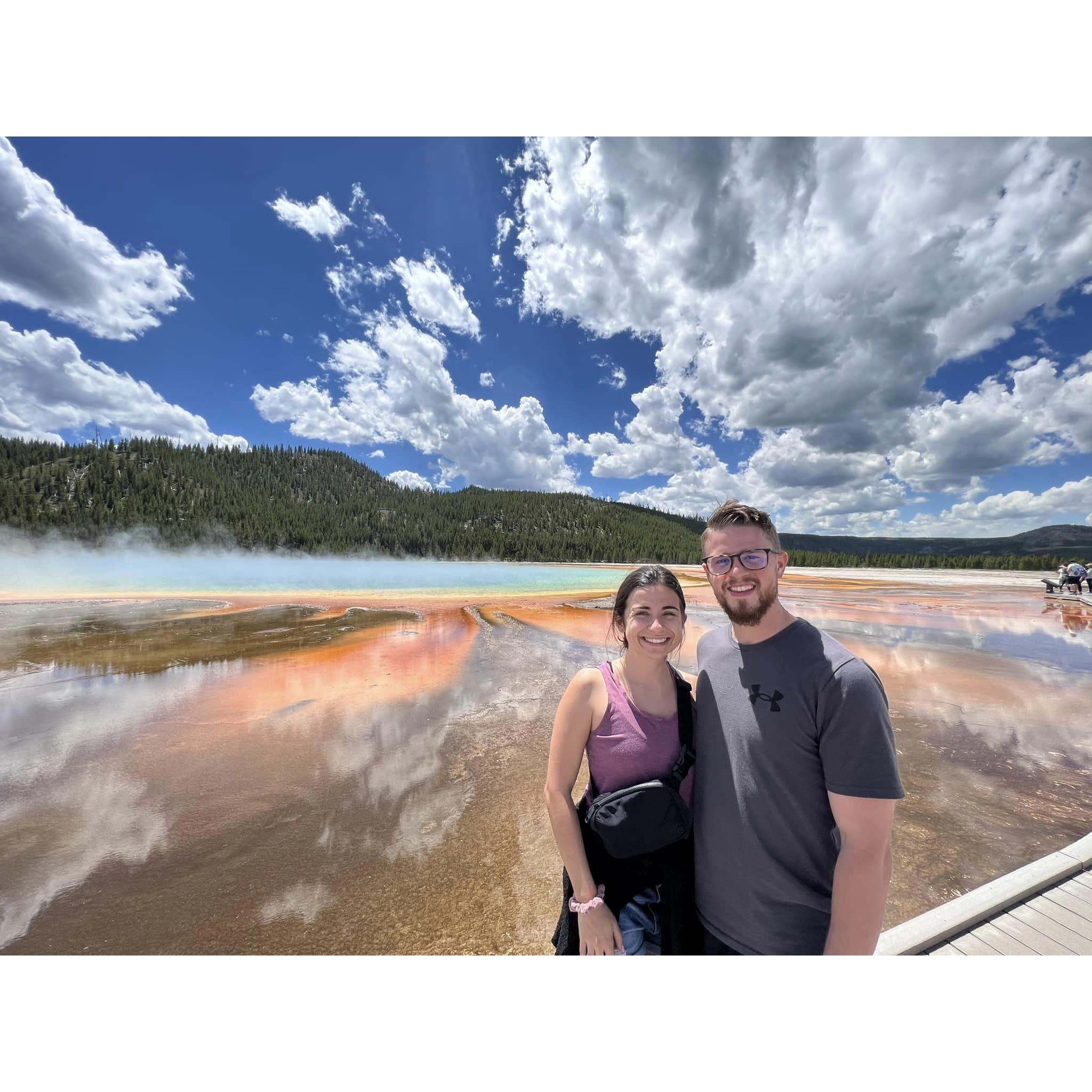Our first time at Yellowstone National Park in July of 2022. This photo was taken at the Grand Prismatic Spring. Tyler had just finished the series "Yellowstone" before we went on this trip.