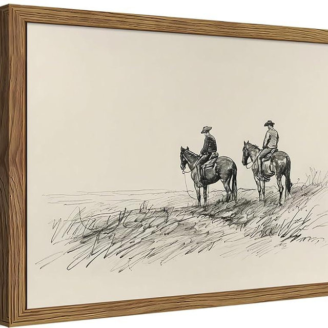 Framed Western Wall Art, Cowboys on Horses Sketch Picture Print, Western Wall Decor, Vintage Country Farmhouse Western Cowboys Canvas for Living Room Bedroom Home 8x10 inch