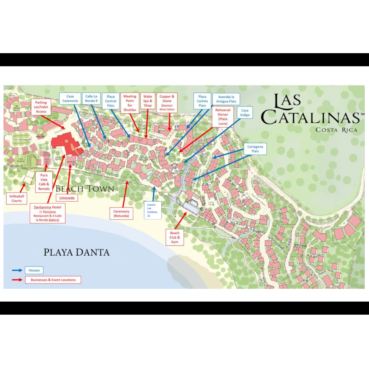 Las Catalinas Town Map - Large red shape to the left is the Santarena Hotel. The blue are a few of the villas that may be available for rent.