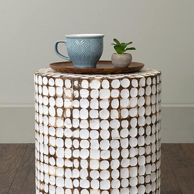 Side Table by East at Main -Round End Table Made of Real Coconut Shells- Accent Table, White (16" Round Side Table)