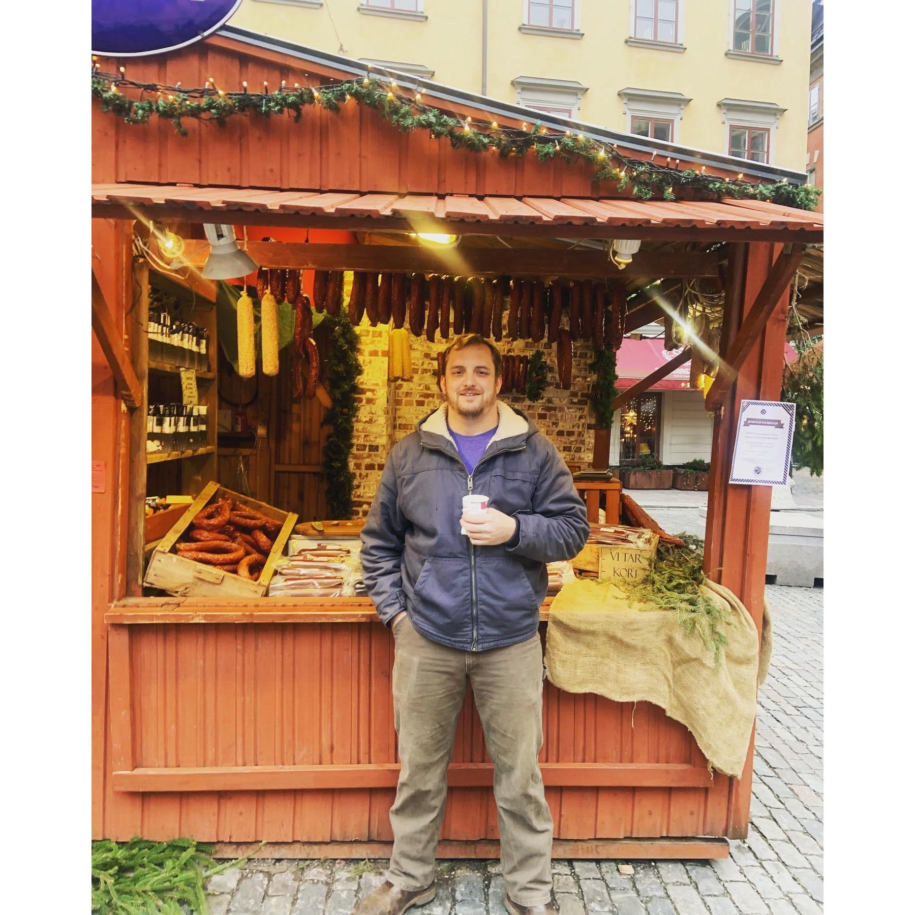 Sean in Old Town "Gamla Stan" of Stockholm, Sweden - his first time out of the country!