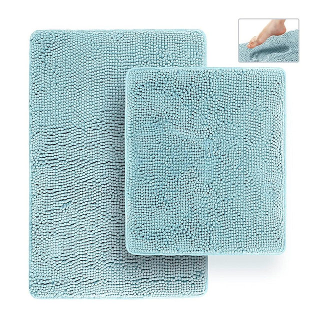 Tafts Bathroom Rugs, Extra-Thick Memory Foam Bath Mat, Ultra-Soft Chenille Microfiber, Highly Absorbent, Machine Washable, Shaggy Bath Mats for Bathroom, Non-Slip (21x32 + 20x22, 2pcs) Lt Blue
