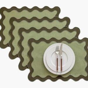 Set of 4,13"x19" Cotton Table Placemats with Wavy edge, Machine Washable Table Mats for Dining table, Boho Scalloped Embroidered Placemats for Restaurant Kitchen, Table Decor(Butter yellow)