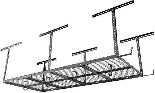 FLEXIMOUNTS 4x8 Overhead Garage Storage Rack w/Hooks Adjustable Ceiling Storage Racks, 96" Length x 48" Width x 40" Height, 22''-40" Ceiling Dropdown, Black