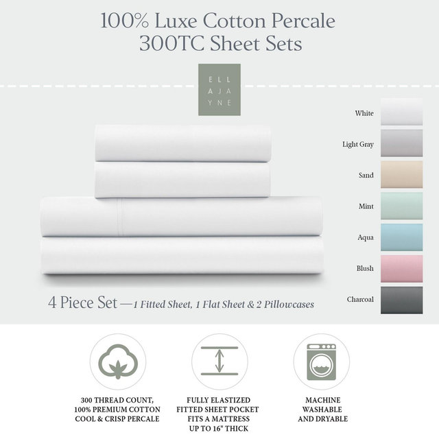 Luxe Cotton Percale Crisp and Cool Sheet Set, Queen, White