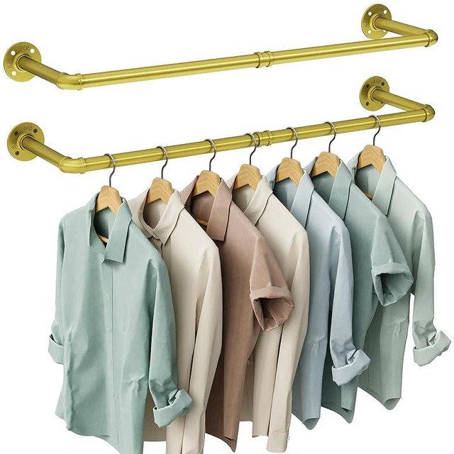 OROPY Industrial Pipe Clothes Rack Wall Mounted Set of 2, 38.4 inches Heavy Duty Iron Pipe Clothing Garment Rail, Multi-Purpose Clothing Hanging Rod for Laundry Room and Closet Storage, Gold